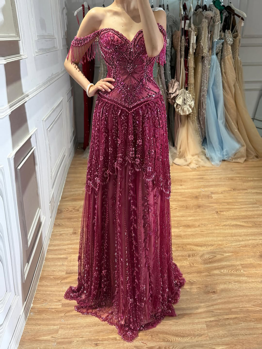 Luxury Fuchsia Beaded A-Line Evening Dress With Tassels LA73594 SERENE HILL