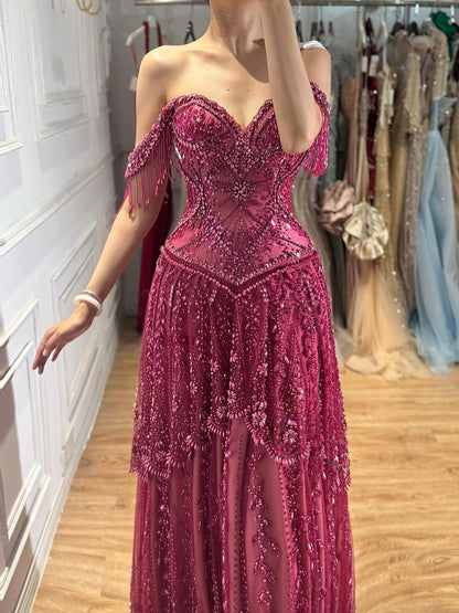 Luxury Fuchsia Beaded A-Line Evening Dress With Tassels LA73594 SERENE HILL
