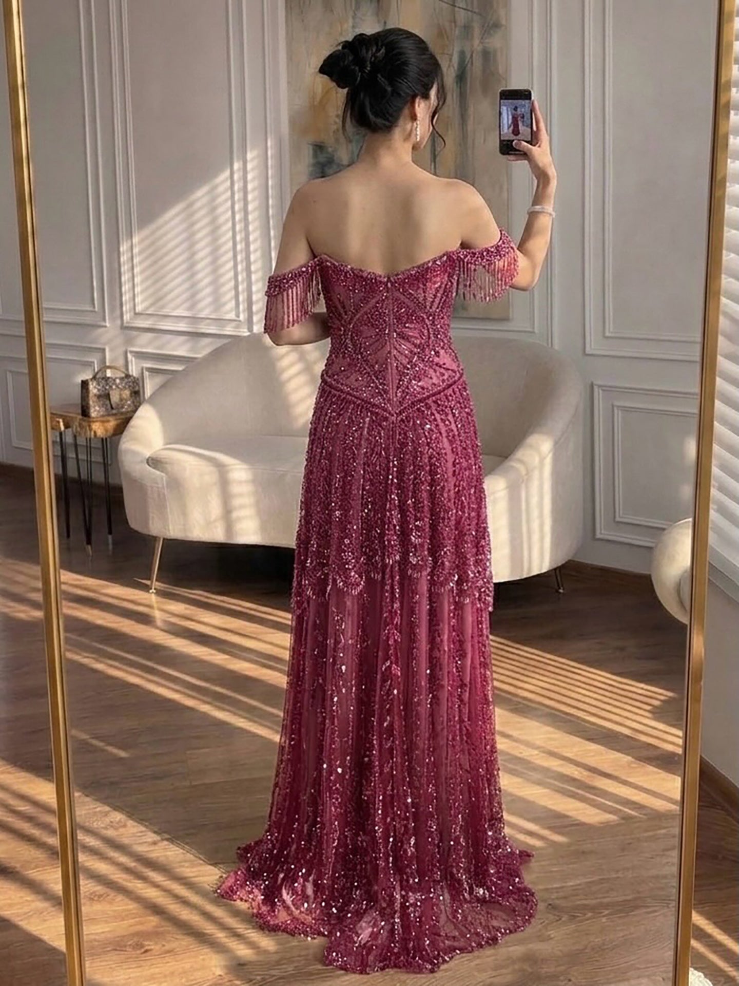 Luxury Fuchsia Beaded A-Line Evening Dress With Tassels LA73594 SERENE HILL