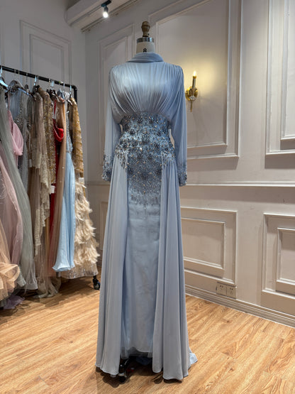 Luxury Nude Crystal Beaded Long Sleeves Evening Dress LA73598