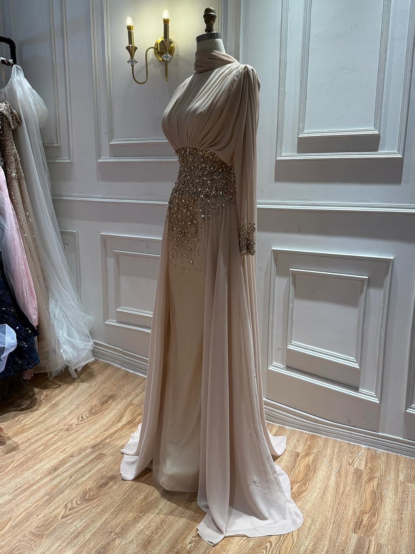 Luxury Nude Crystal Beaded Long Sleeves Evening Dress LA73598 SERENE HILL