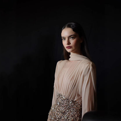 Luxury Nude Crystal Beaded Long Sleeves Evening Dress LA73598