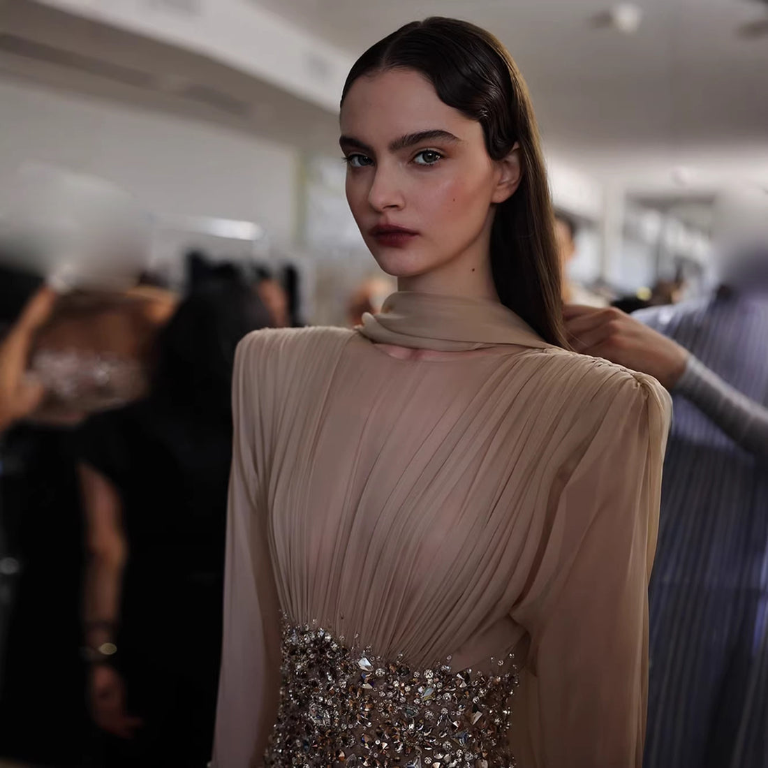Luxury Nude Crystal Beaded Long Sleeves Evening Dress LA73598