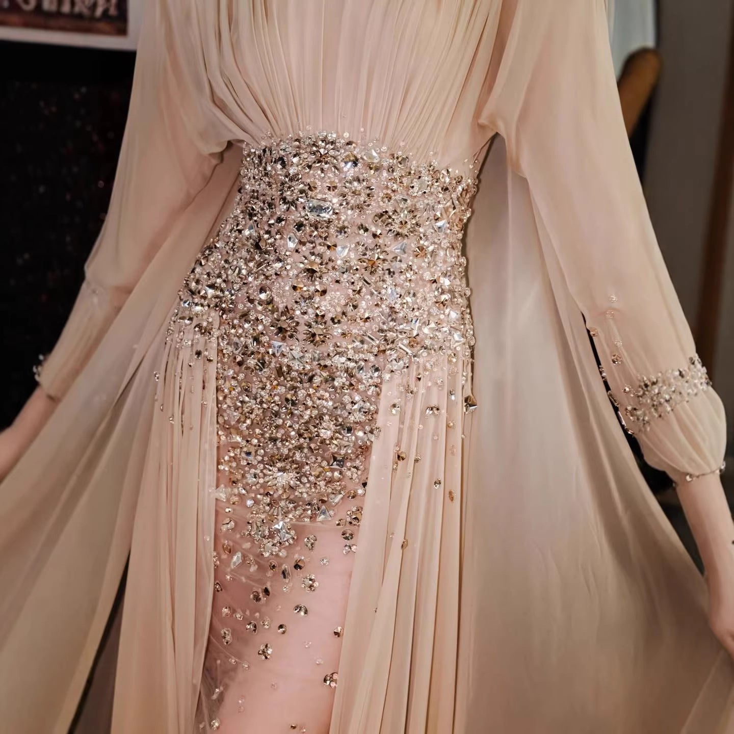 long sleeve nude dress Luxury Nude Crystal Beaded Long Sleeves Evening Dress LA73598 Nude / 10