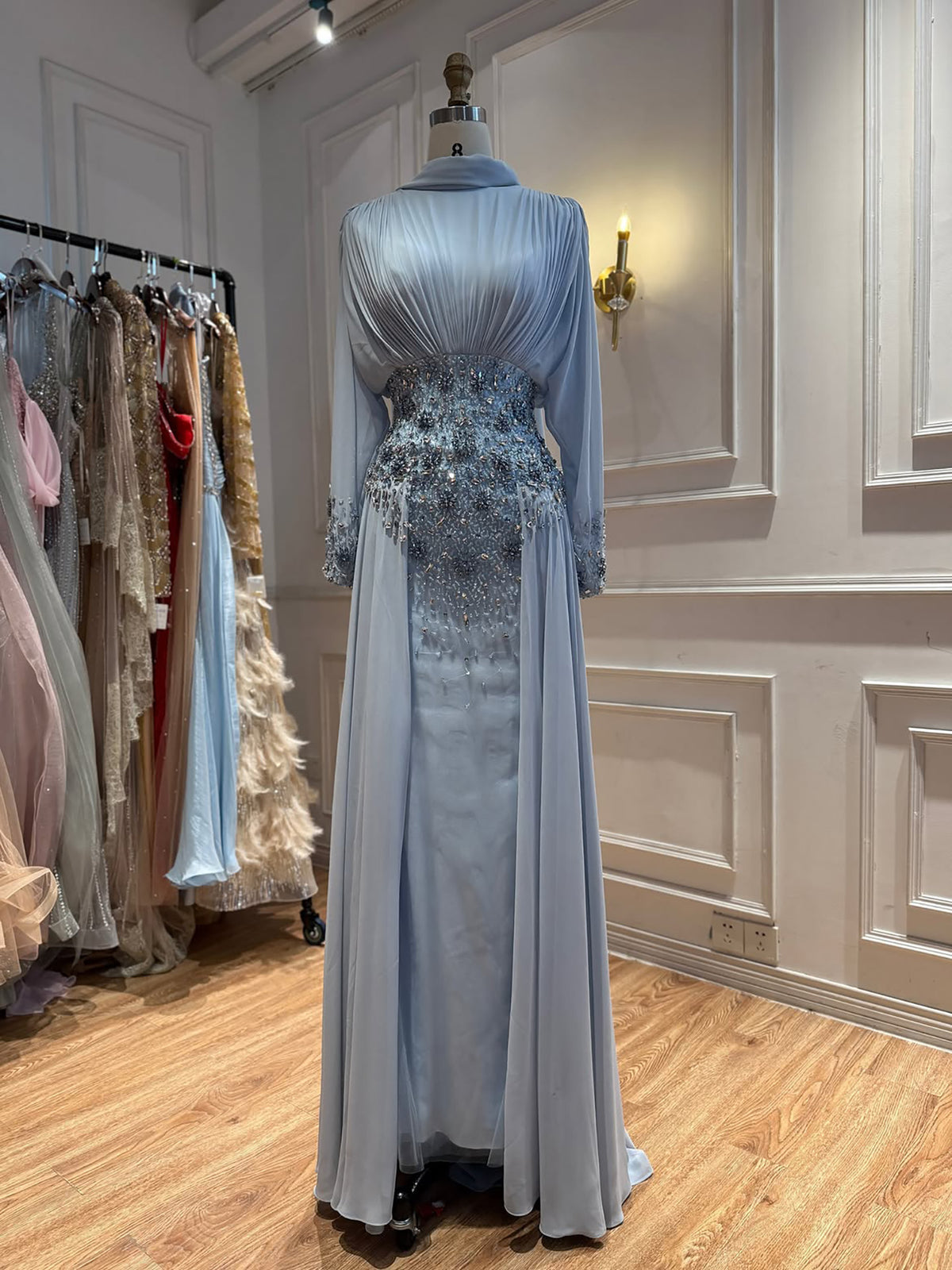 Luxury Nude Crystal Beaded Long Sleeves Evening Dress LA73598