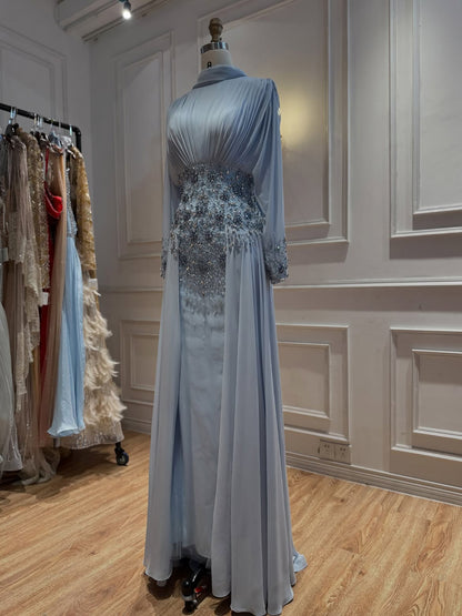 Luxury Nude Crystal Beaded Long Sleeves Evening Dress LA73598