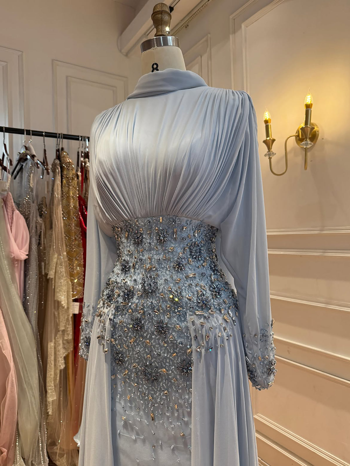 Luxury Nude Crystal Beaded Long Sleeves Evening Dress LA73598