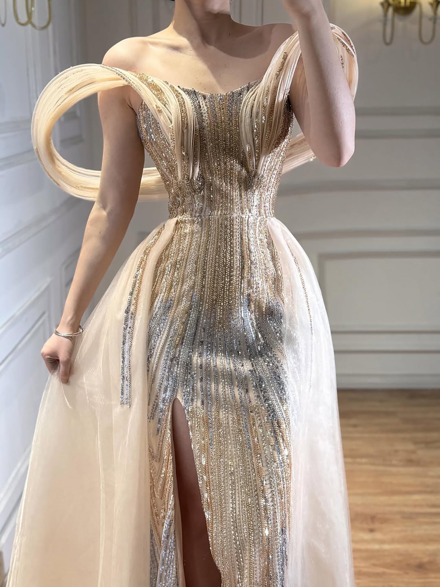 Luxury Navy Blue Beaded Evening Dress with Slit LA73602 - SERENE  HILL
