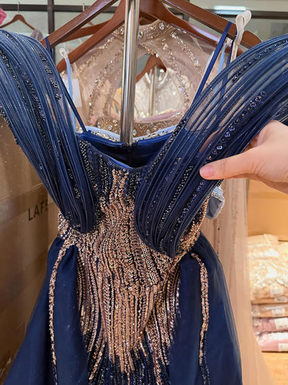 Luxury Navy Blue Beaded Evening Dress with Slit LA73602 - SERENE  HILL