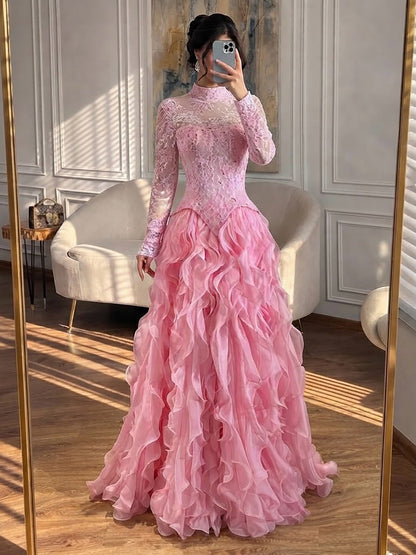 Luxury Pink Beaded High Neck Long Sleeve Ball Gown LA73603B