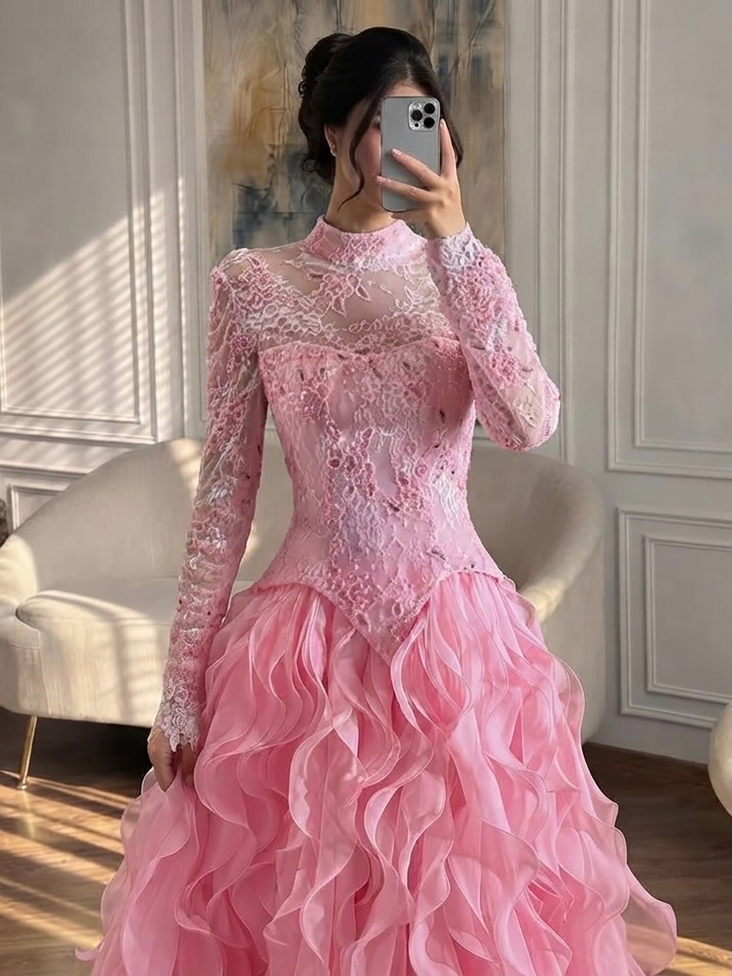 Luxury Pink Beaded High Neck Long Sleeve Ball Gown LA73603B