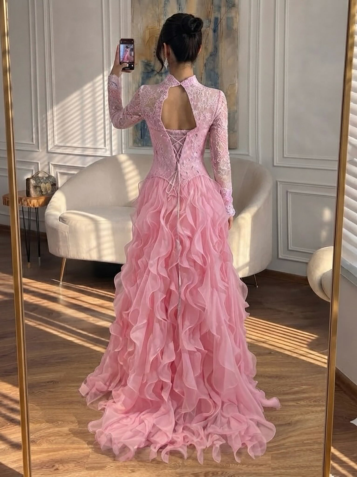 Luxury Pink Beaded High Neck Long Sleeve Ball Gown LA73603B