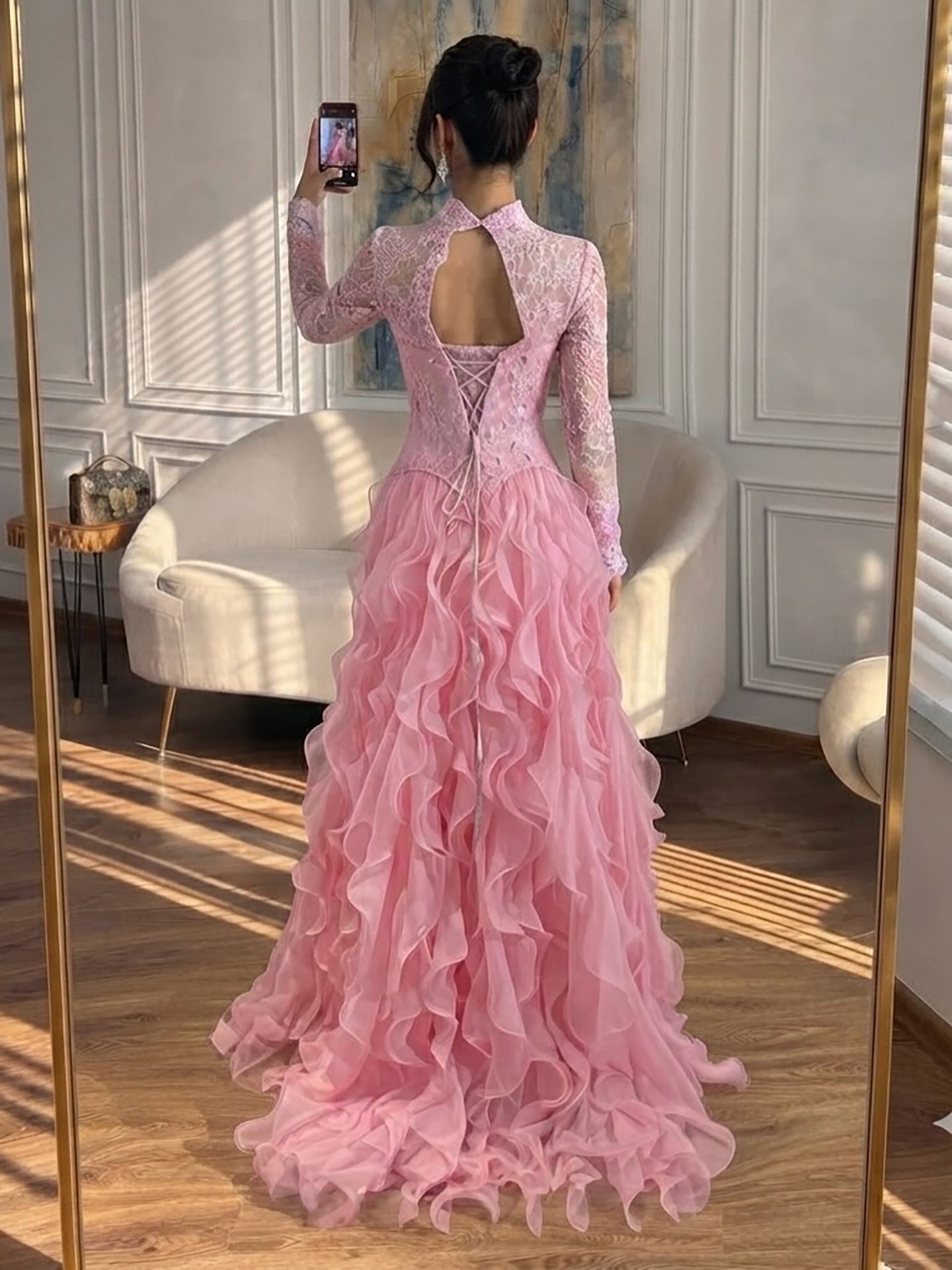 Luxury Pink Beaded High Neck Long Sleeve Ball Gown LA73603B