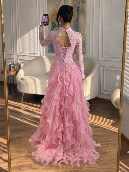 Luxury Pink Beaded High Neck Long Sleeve Ball Gown LA73603B