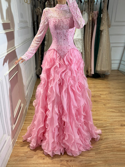 Luxury Pink Beaded High Neck Long Sleeve Ball Gown LA73603B