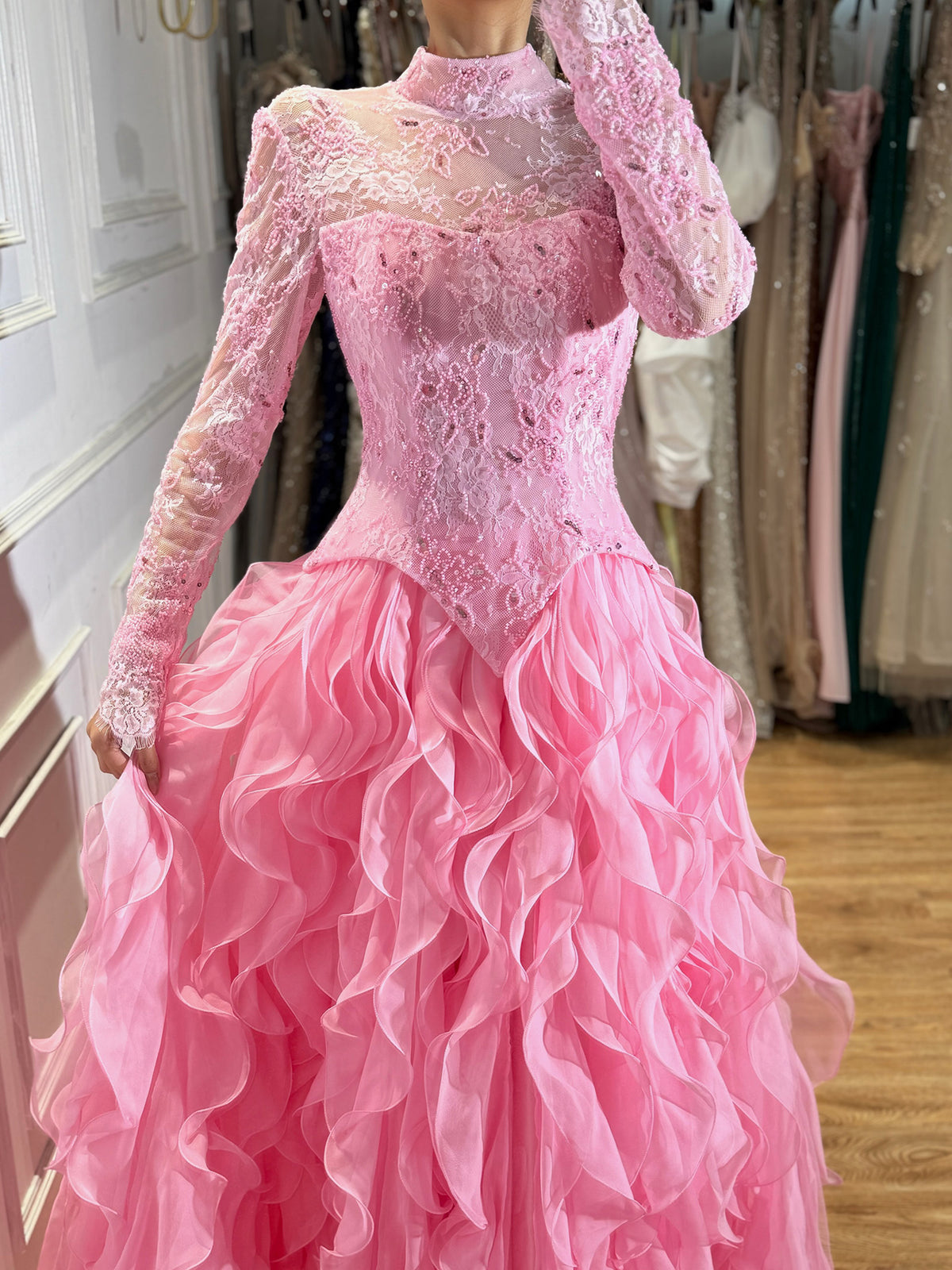 Luxury Pink Beaded High Neck Long Sleeve Ball Gown LA73603B
