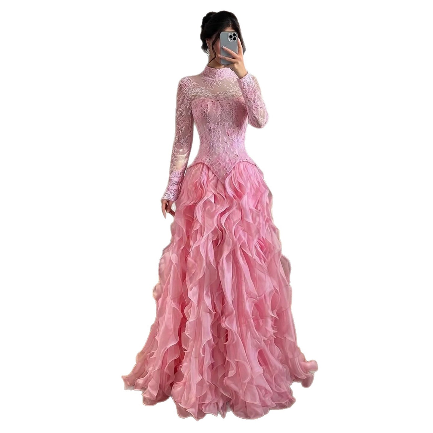 Luxury Pink Beaded High Neck Long Sleeve Ball Gown LA73603B