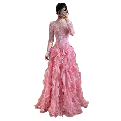 Luxury Pink Beaded High Neck Long Sleeve Ball Gown LA73603B