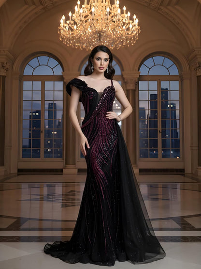 Luxury Wine Red Crystal Beaded Mermaid Evening Dress With Overskirt LA73606