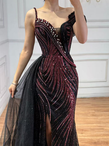 Luxury Wine Red Crystal Beaded Mermaid Evening Dress With Overskirt LA73606