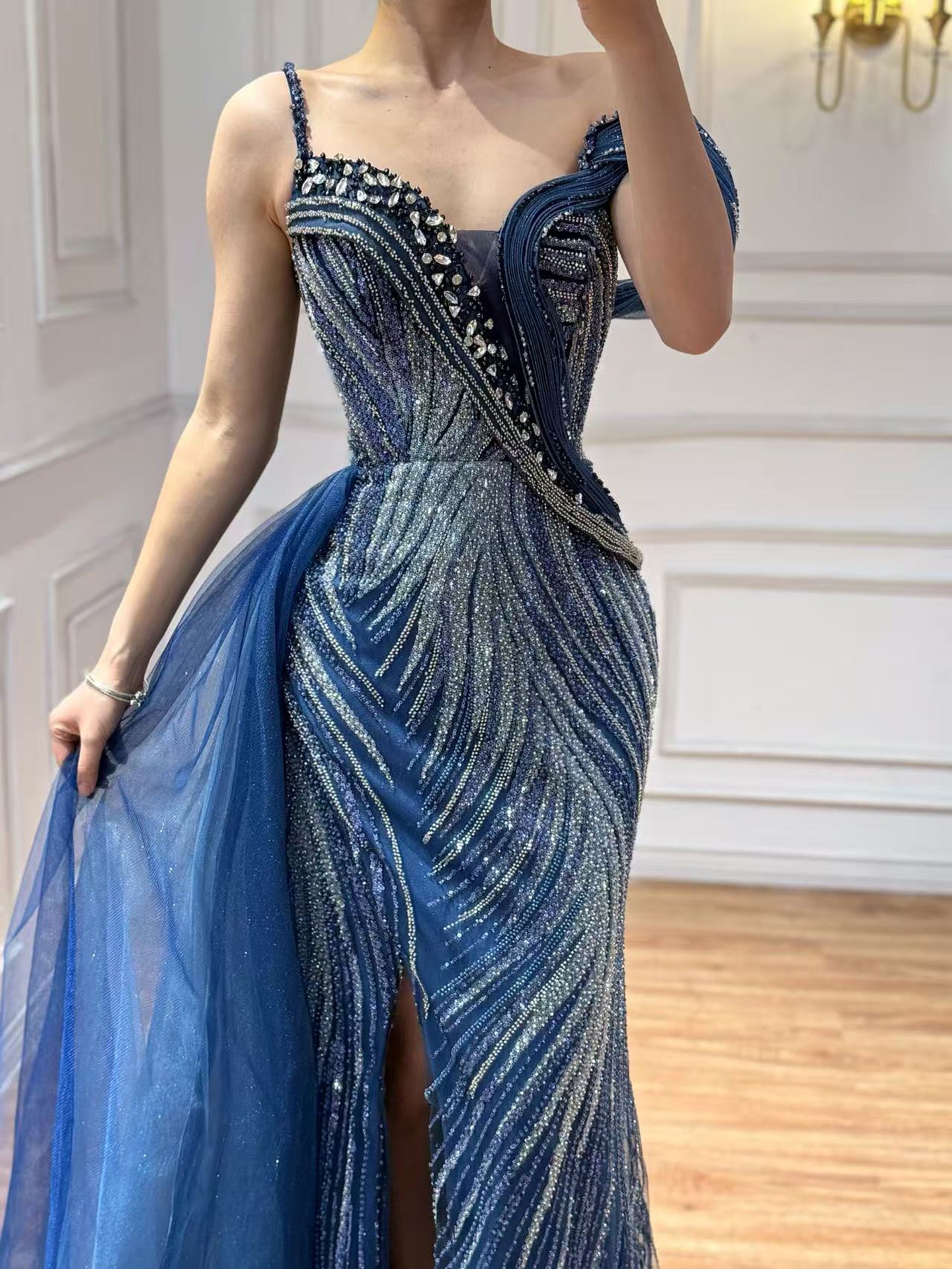 Luxury Wine Red Crystal Beaded Mermaid Evening Dress With Overskirt LA73606