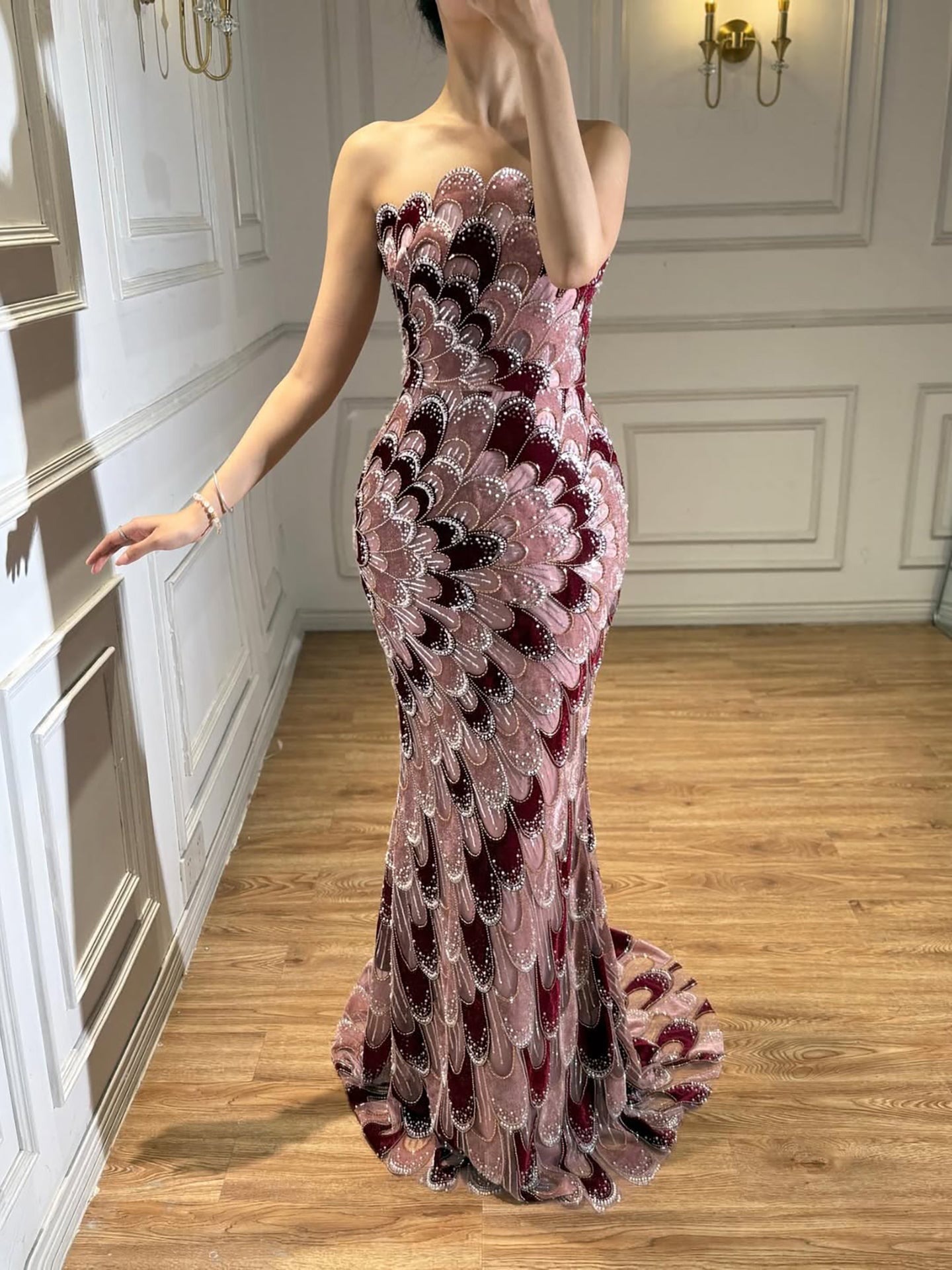 Luxury Pink Strapless Beaded Mermaid Evening Dress LA73607