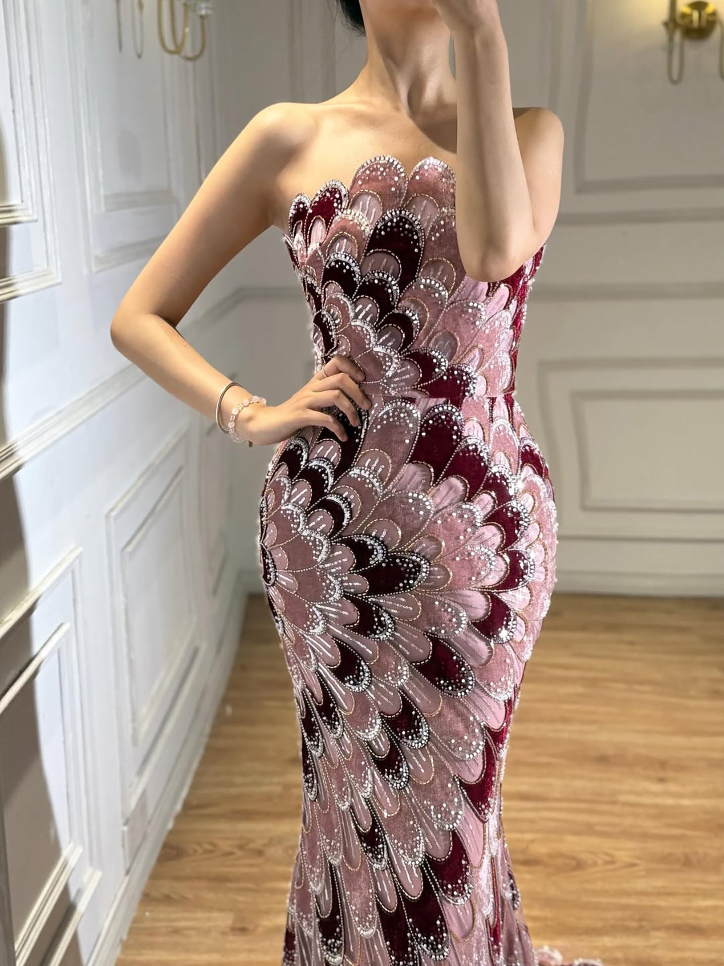 Luxury Pink Strapless Beaded Mermaid Evening Dress LA73607