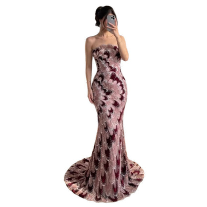 Luxury Pink Strapless Beaded Mermaid Evening Dress LA73607