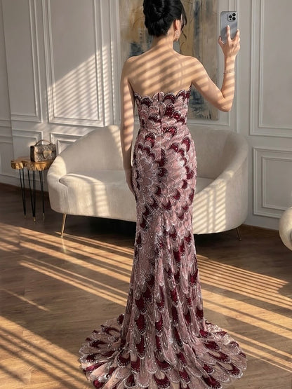 Luxury Pink Strapless Beaded Mermaid Evening Dress LA73607