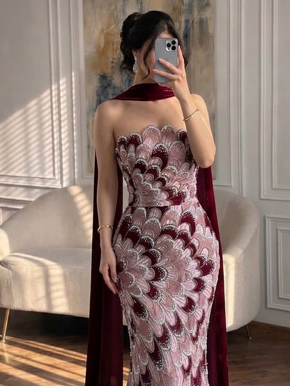 Luxury Pink Strapless Beaded Mermaid Evening Dress LA73607