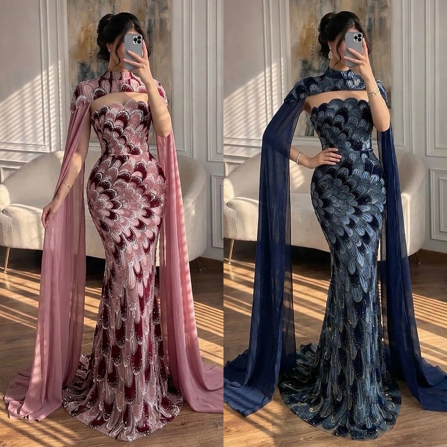 Luxury Pink Beaded Mermaid Cape Evening Dress LA73607A SERENE HILL
