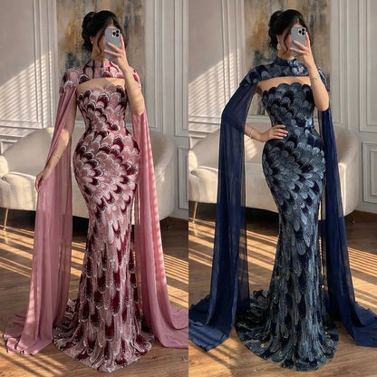 Luxury Pink Beaded Mermaid Cape Evening Dress LA73607A SERENE HILL