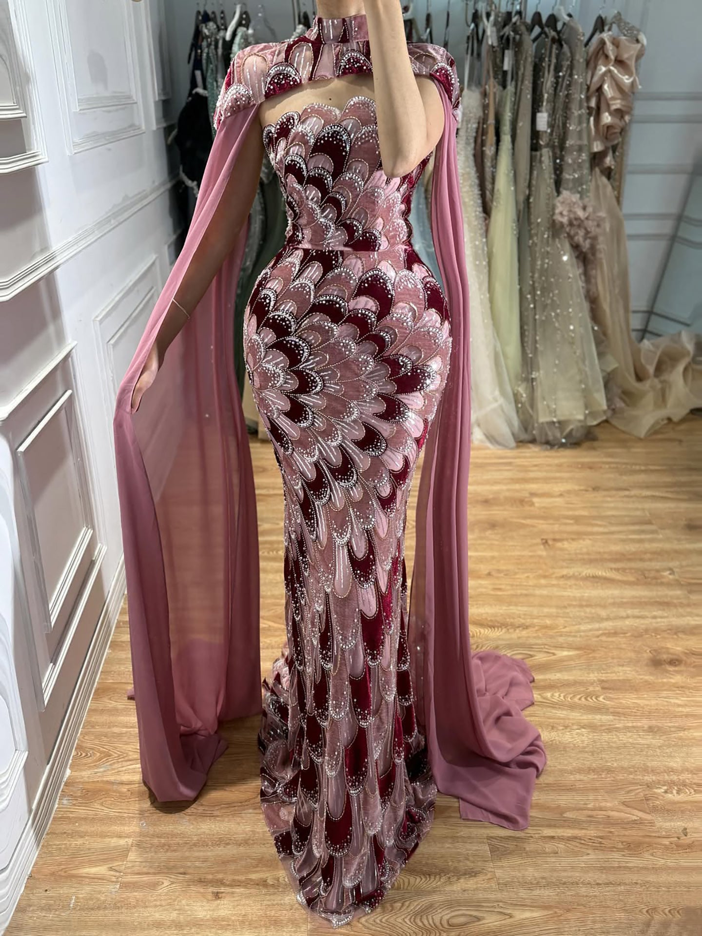 Luxury Pink Beaded Mermaid Cape Evening Dress LA73607A SERENE HILL