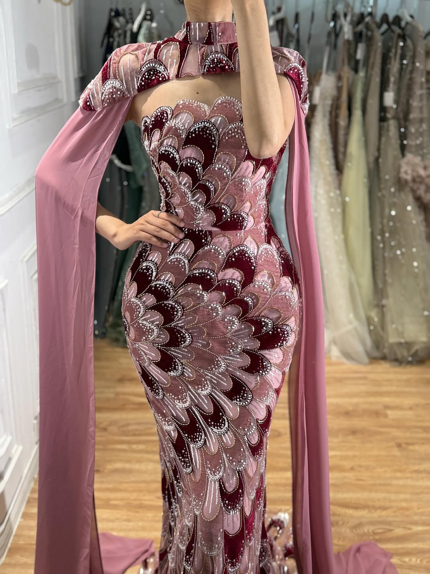 Luxury Pink Beaded Mermaid Cape Evening Dress LA73607A SERENE HILL
