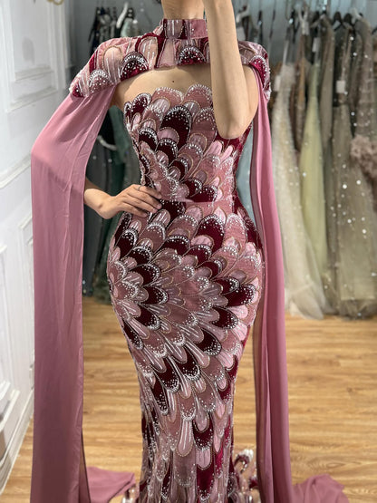 Luxury Pink Beaded Mermaid Cape Evening Dress LA73607A SERENE HILL
