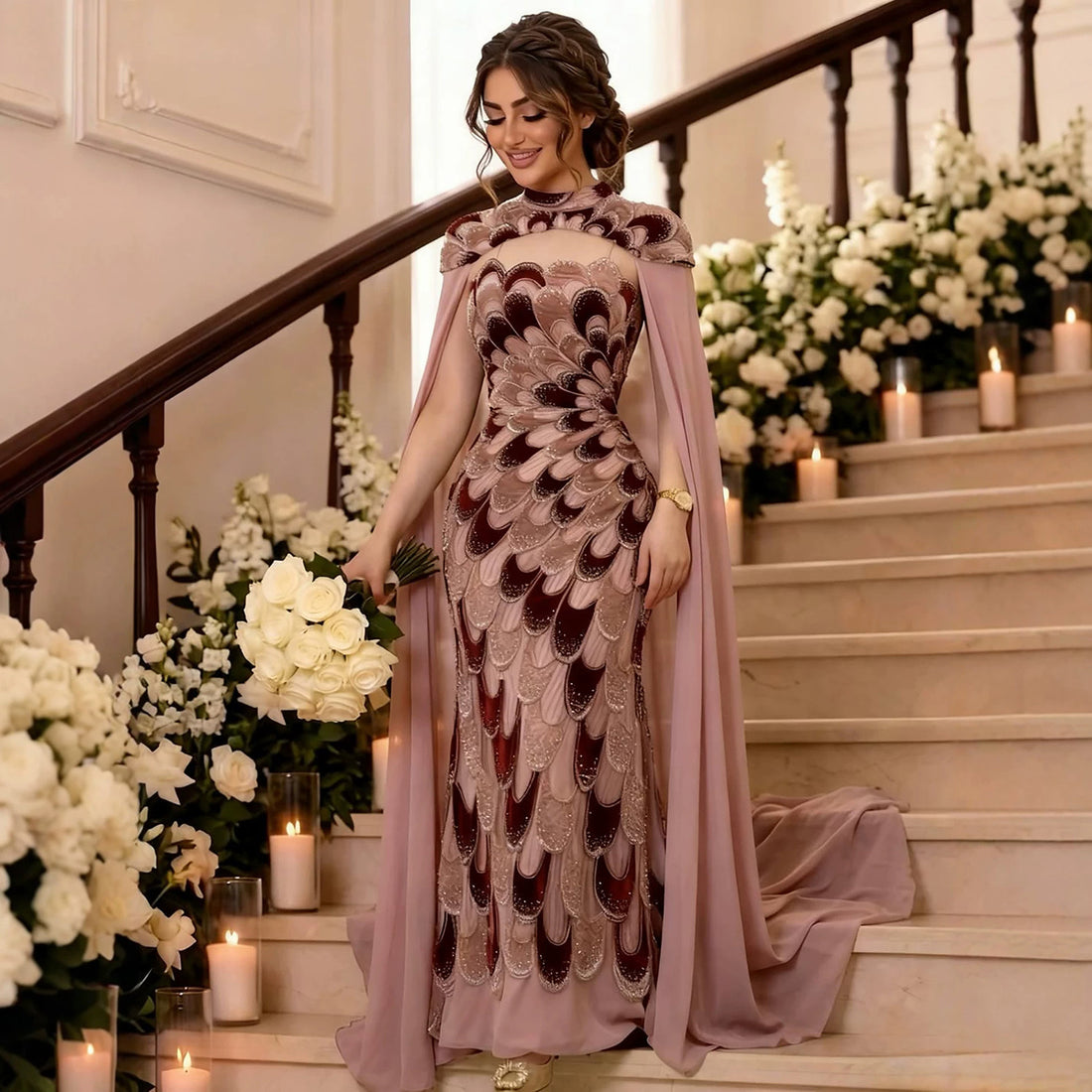 Luxury Pink Beaded Mermaid Cape Evening Dress LA73607A SERENE HILL