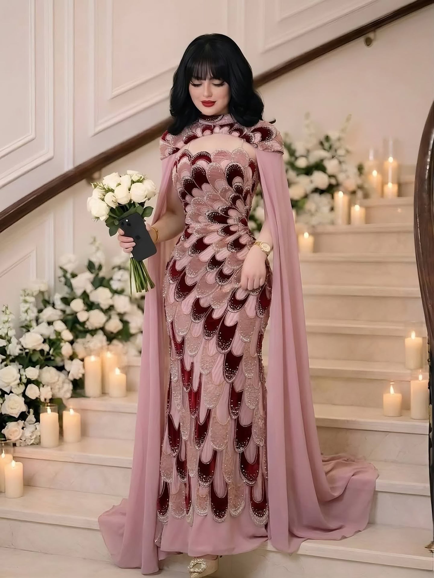 Luxury Pink Beaded Mermaid Cape Evening Dress LA73607A SERENE HILL