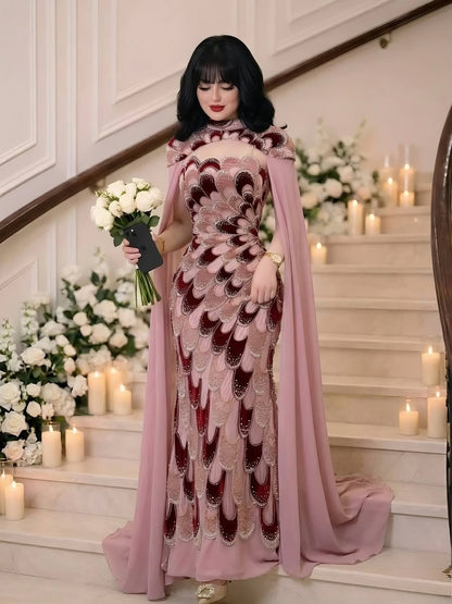 Luxury Pink Beaded Mermaid Cape Evening Dress LA73607A SERENE HILL