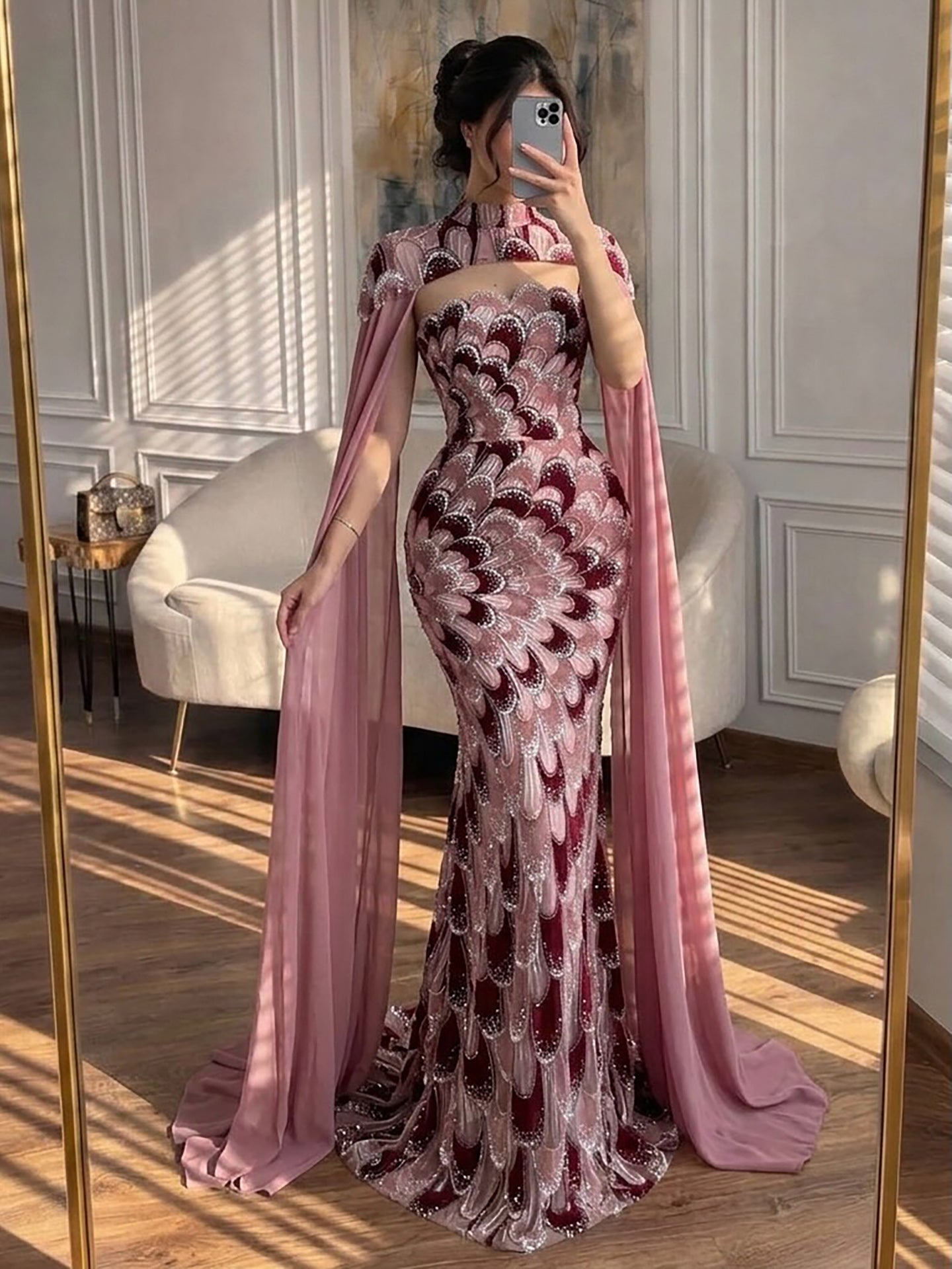 Luxury Pink Beaded Mermaid Cape Evening Dress LA73607A SERENE HILL