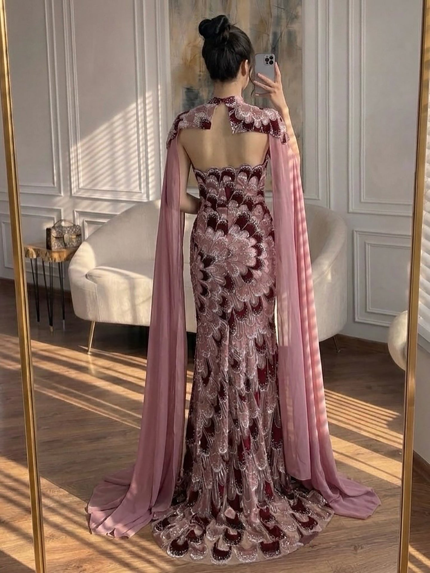 Luxury Pink Beaded Mermaid Cape Evening Dress LA73607A SERENE HILL