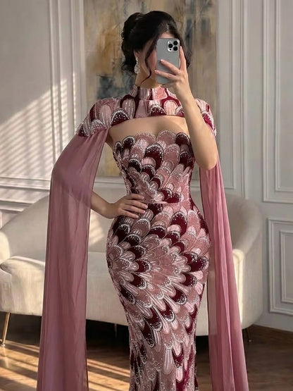 Luxury Pink Beaded Mermaid Cape Evening Dress LA73607A SERENE HILL