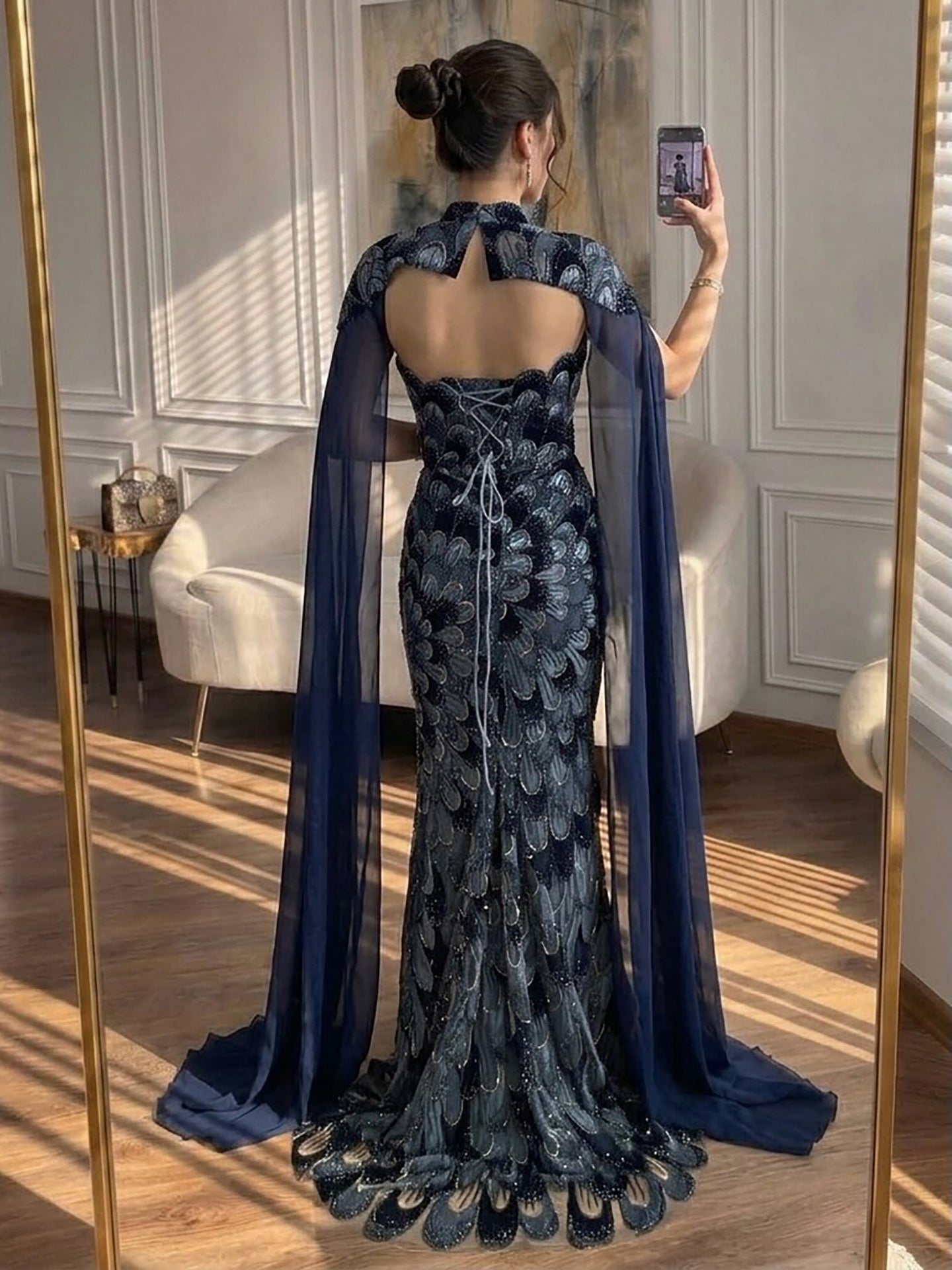 Luxury Pink Beaded Mermaid Cape Evening Dress LA73607A SERENE HILL