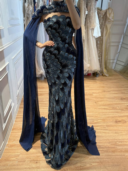 Luxury Pink Beaded Mermaid Cape Evening Dress LA73607A SERENE HILL