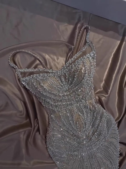 Luxury Nude Pearl Beaded Spaghetti Strap Evening Dress LA73608 - SERENE  HILL