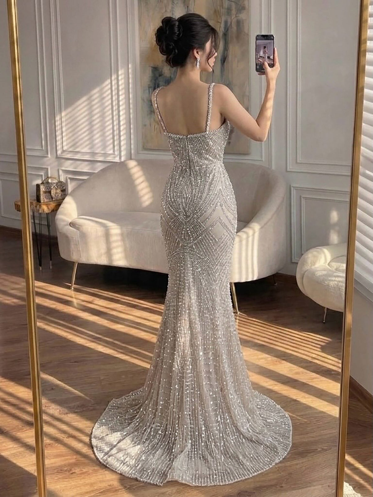 Luxury Nude Pearl Beaded Spaghetti Strap Evening Dress LA73608