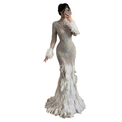 Luxury Grey Nude Crystal Beaded Mermaid Dress with Feathers LA73609 SERENE HILL