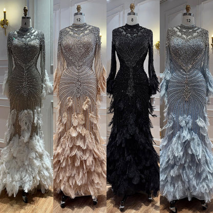 Luxury Modest Grey Nude Crystal Beaded Mermaid Dress with Feathers LA73609