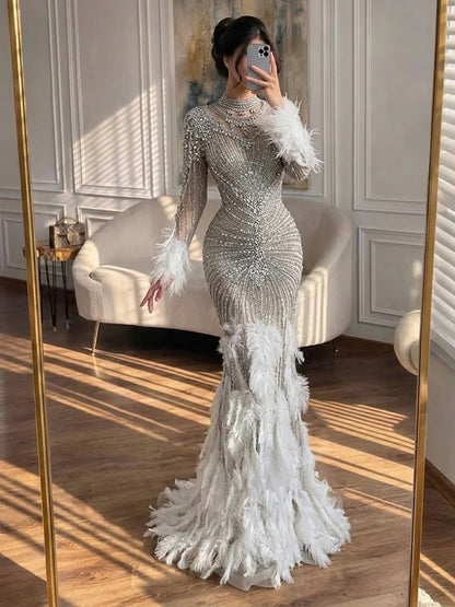 Luxury Grey Nude Crystal Beaded Mermaid Dress with Feathers LA73609 SERENE HILL