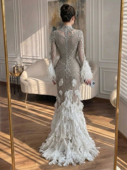 Luxury Grey Nude Crystal Beaded Mermaid Dress with Feathers LA73609 SERENE HILL