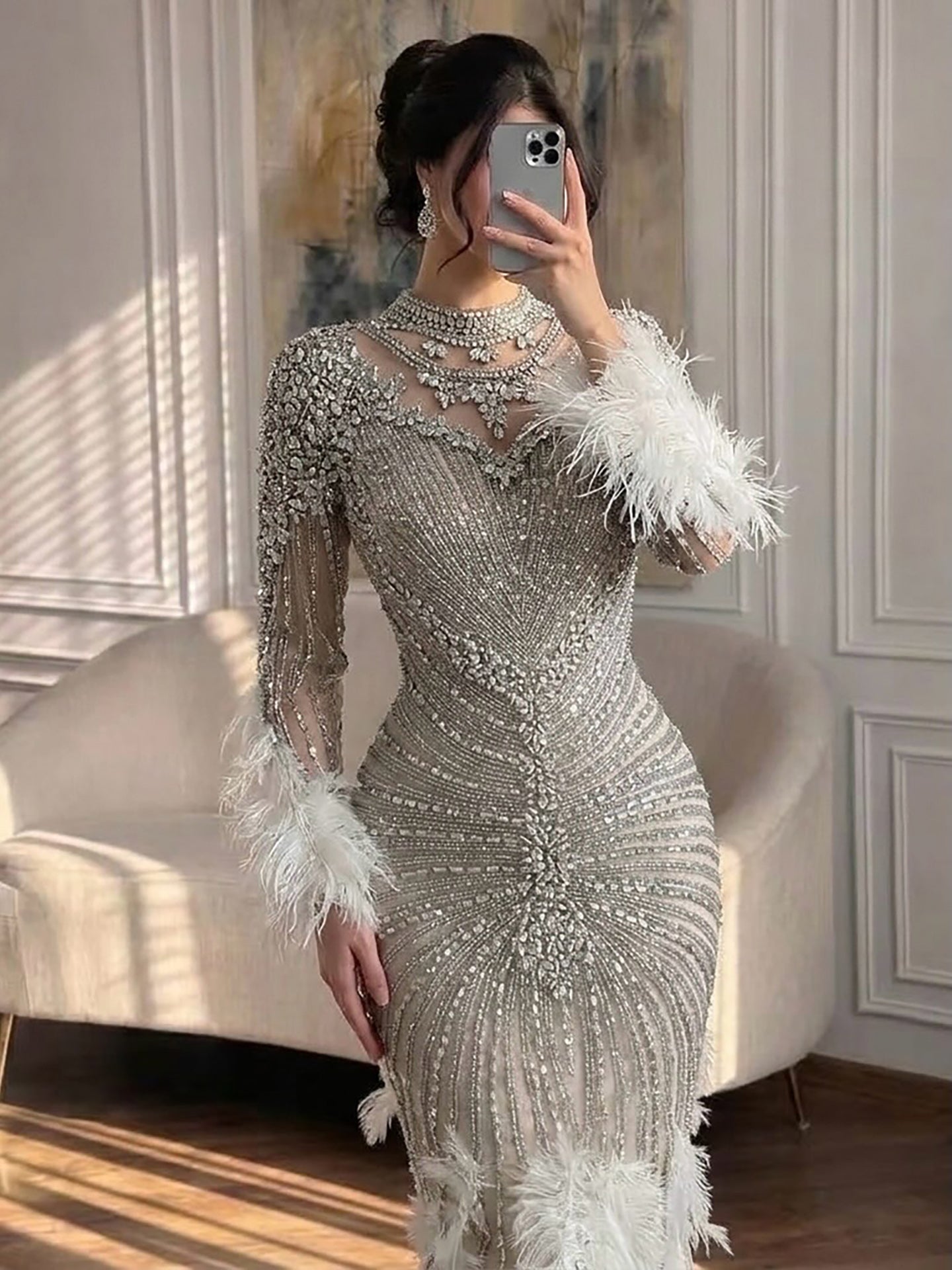 Luxury Grey Nude Crystal Beaded Mermaid Dress with Feathers LA73609